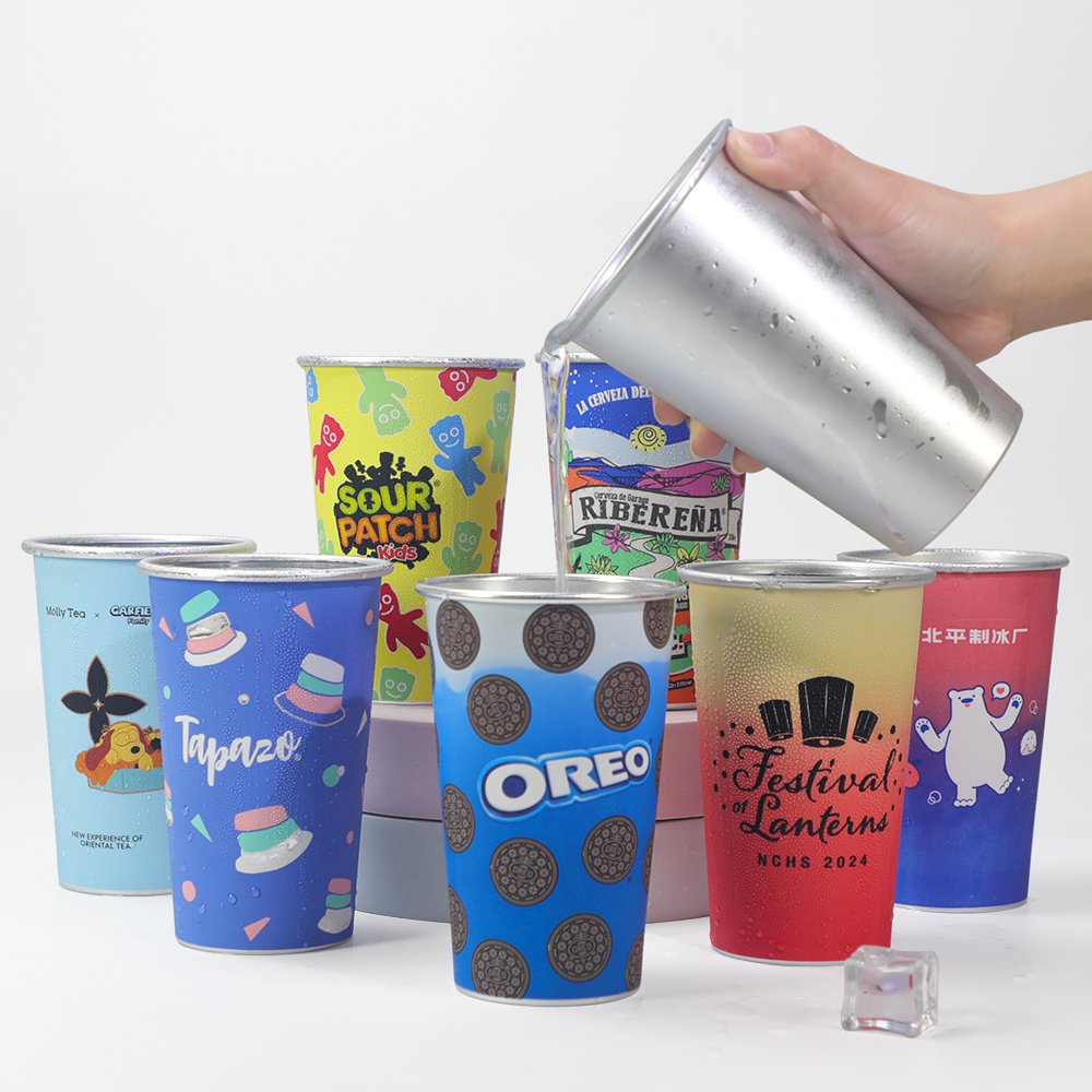 Cold activated color changing aluminum beer cup covered in frost revealing custom logo.
