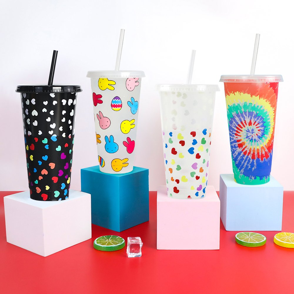BPA-free plastic mood cup with custom logo clearly visible before and after cold color change.