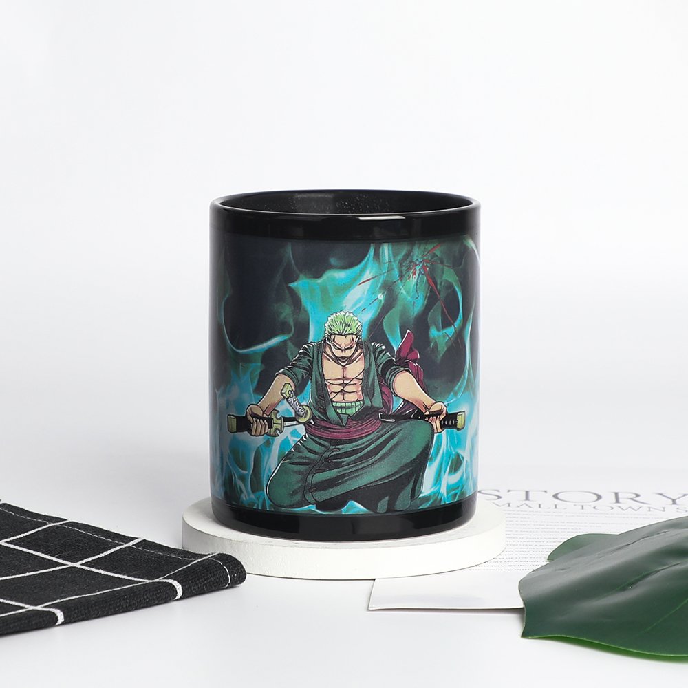 Sequential 3-stage heat reveal ceramic magic mug showing custom artwork transition